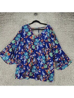 Moa Moa Shirt Womens 1X Blue Floral Sheer V Neck Blouse